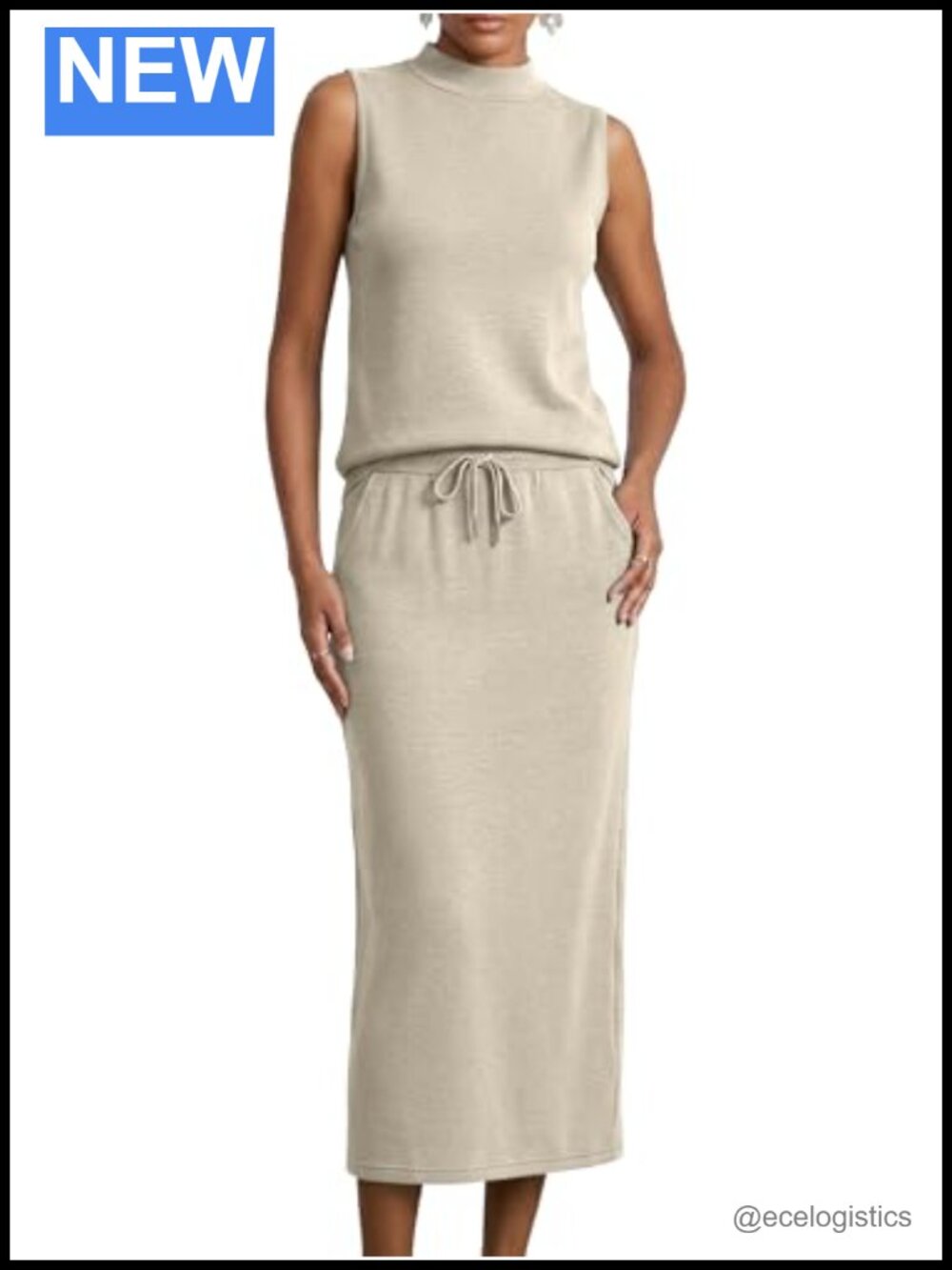 Women's 2 Piece Skirt Set Mock Neck Midi Tank Back Slit Pockets Lounge